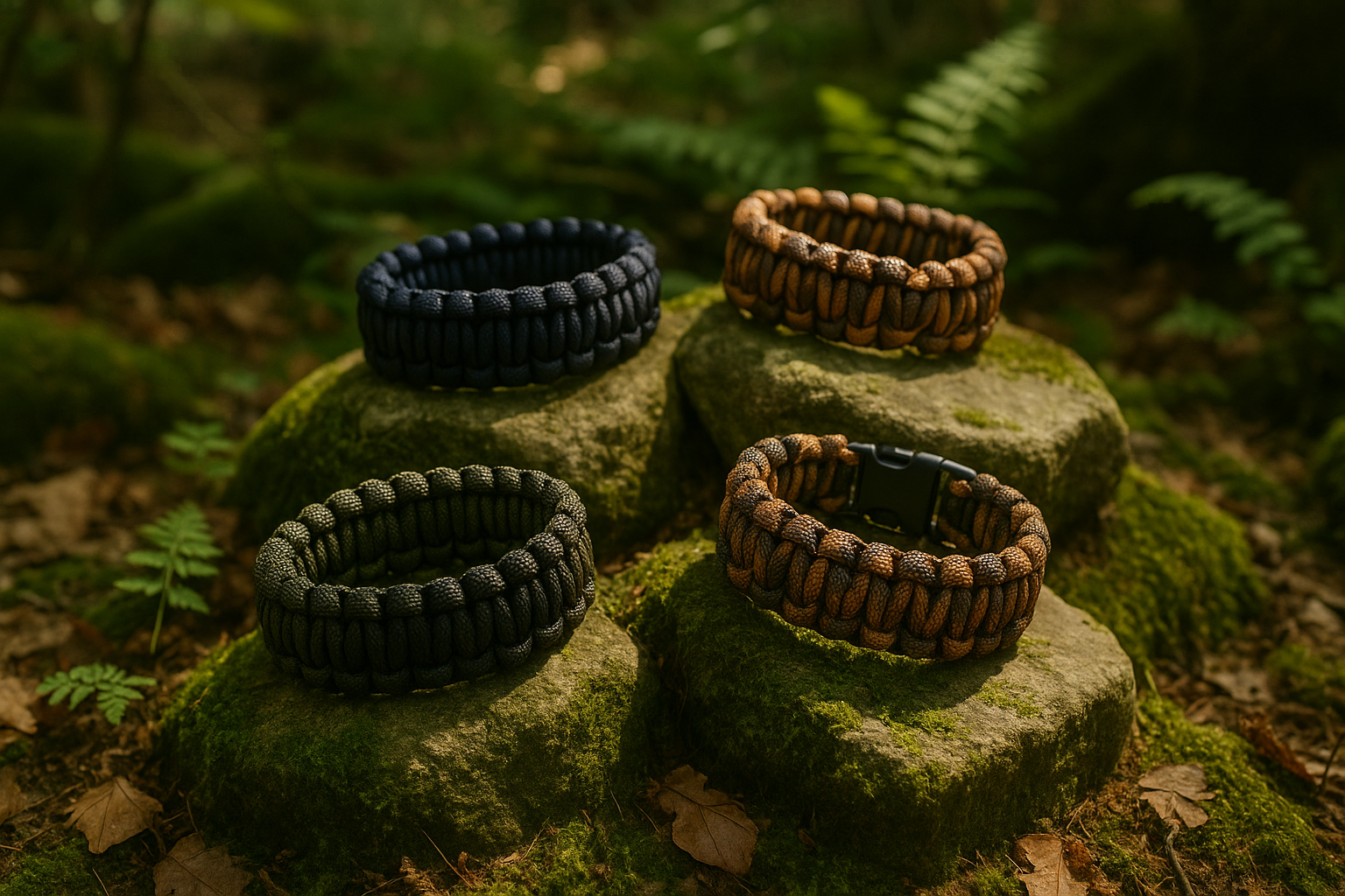 bracelets en paracorde sur rocher en sous bois